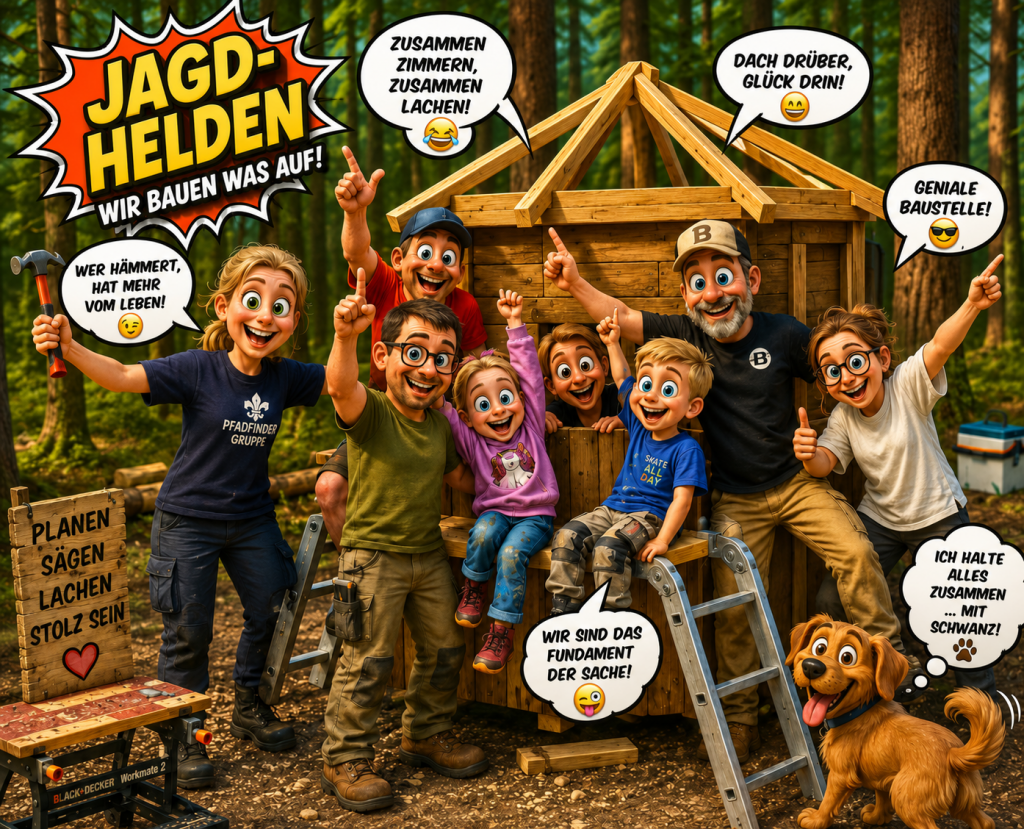 Gemeinsamer Kanzelbau im Jagdgebiet Unterwendling als humorvolle 3D-Comic-Szene – Revierarbeit und Teamgeist bei aufgehtsfreun.de.