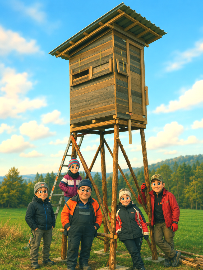 3D-Comic einer Reviergemeinschaft vor einer hohen Jagdkanzel im Jagdgebiet Unterwendling