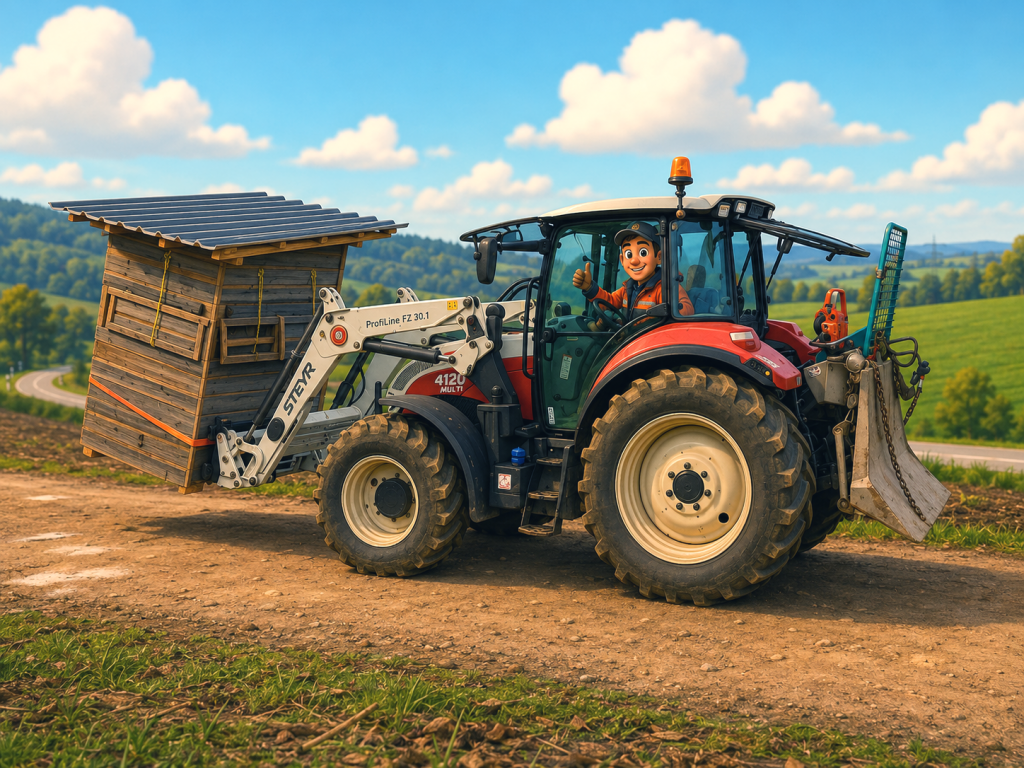 3D-Comic eines Traktors beim Transport einer Jagdkanzel im Jagdgebiet Unterwendling