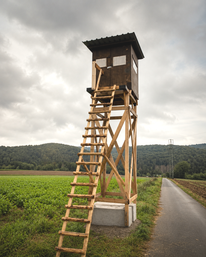 Hohe Jagdkanzel am Feldweg im Jagdgebiet Unterwendling