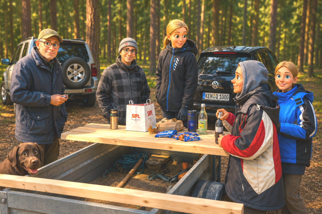 Reviergemeinschaft bei der Brotzeit während der Arbeiten im Jagdgebiet Unterwendling
