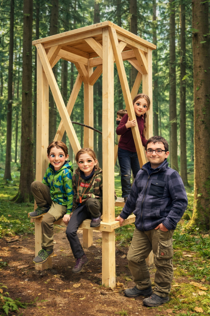 Junge Helfer beim Kanzelbau im Jagdgebiet Unterwendling
