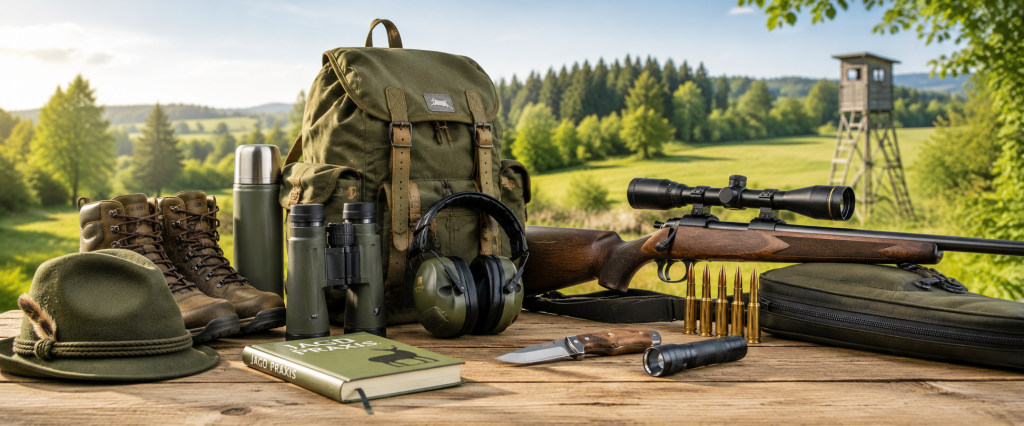 Jungjäger Ausrüstung mit Jagdwaffe, Fernglas, Gehörschutz, Jagdrucksack und Jagdbekleidung