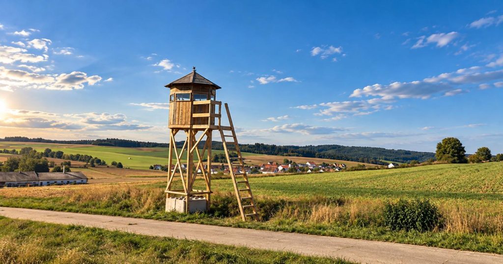 Fertiggestellte Jagdkanzel im Revier Unterwendling auf freiem Feld